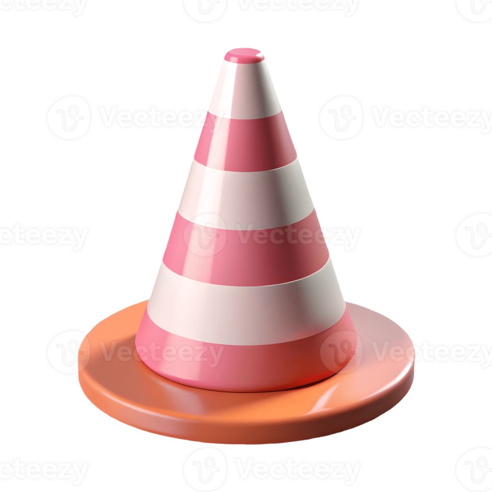 Pink Striped Traffic Cone 3D Rendering Isolated on White, Road Safety Symbol, Construction Hazard Warning, Cute Cartoon Style Transparent Background png