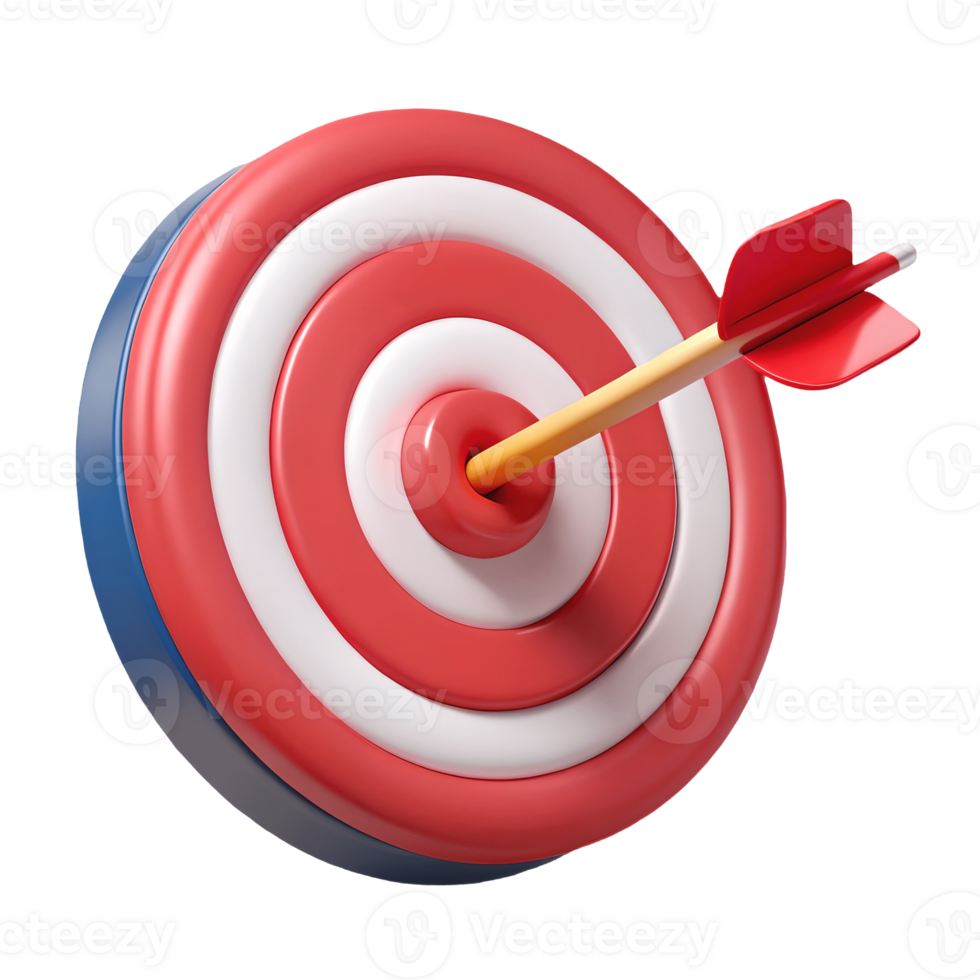 3D Rendering of a Bullseye Target Hit by Arrow, Red, White, and Blue Colors, Success and Achievement Concept Transparent Background png