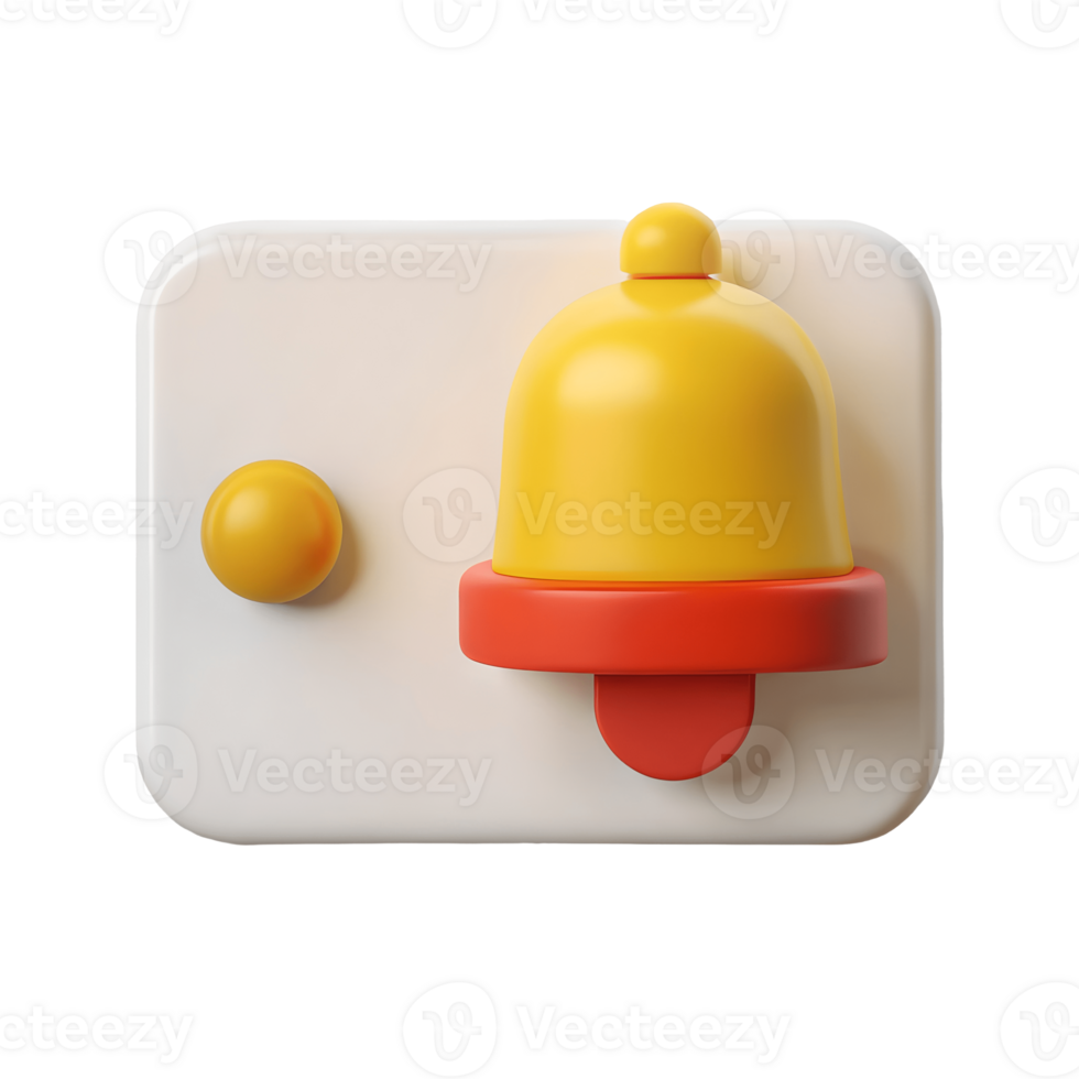 3D Notification Bell Icon Alert, White Rounded Square Background, Shiny Yellow Bell with Red Accent, Modern Design Transparent Background png