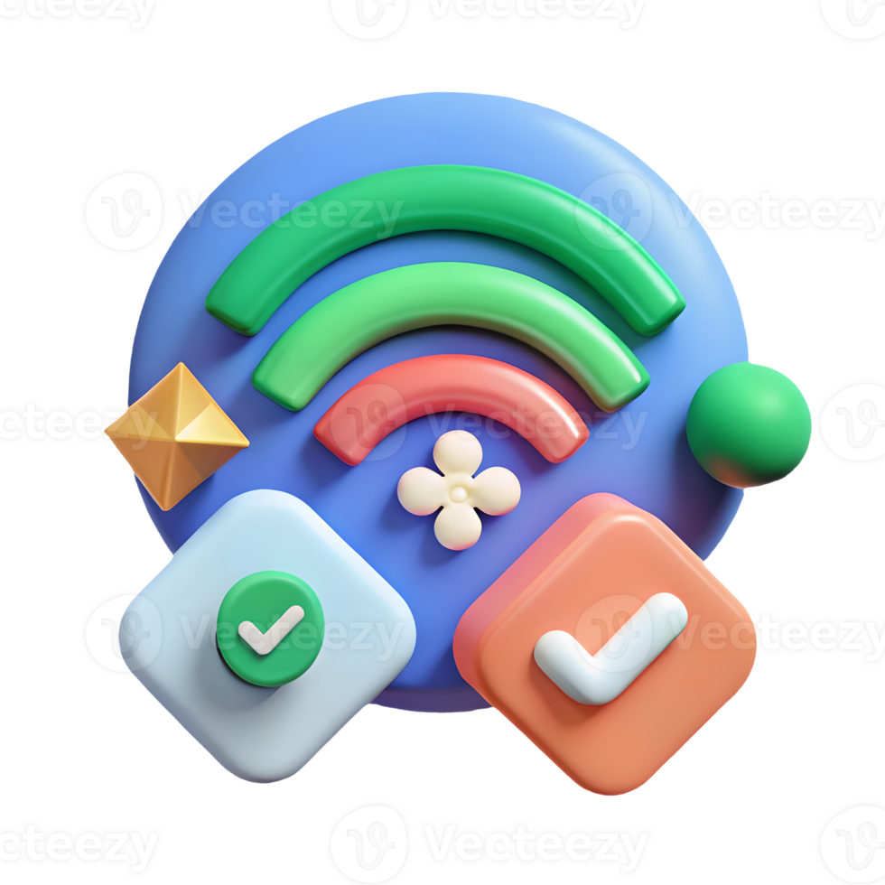 3D Rendered Wi-Fi Network Icon with Checkmarks, Sphere, and Pyramid on Blue Platform for Connectivity and Validation Transparent Background png