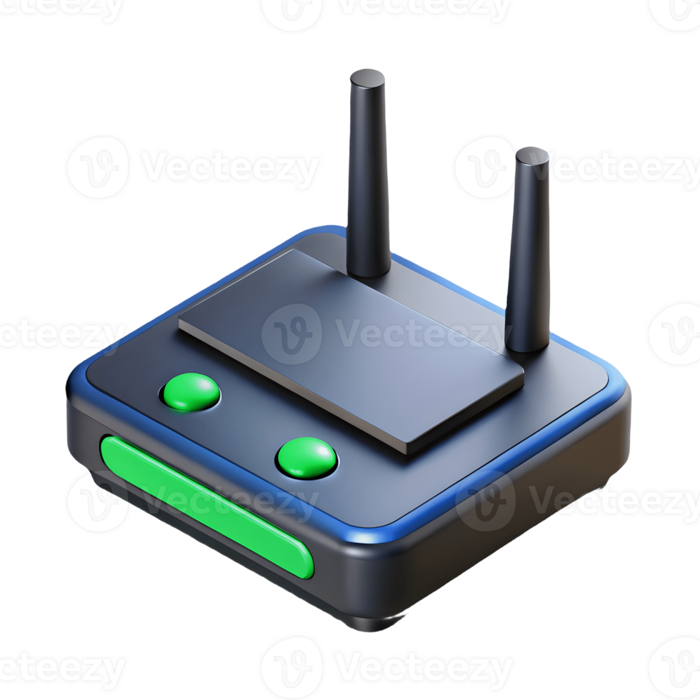 Glossy 3D Router Icon with Antennas and Green Buttons, Digital Technology, Networking Device Transparent Background png