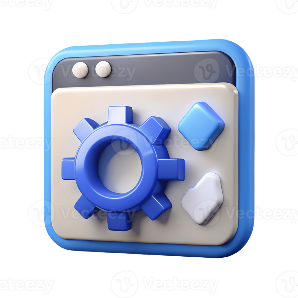 3D Render of Settings Window with Gear and Diamond Icons on Blue Frame, Isolated Transparent Background png