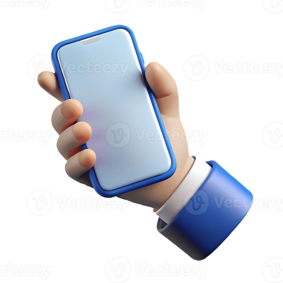 Cartoon Hand Holding Smartphone, Mobile Technology, Communication, 3D Render, Blue Theme, Modern Device, Digital Era, Transparent Background png