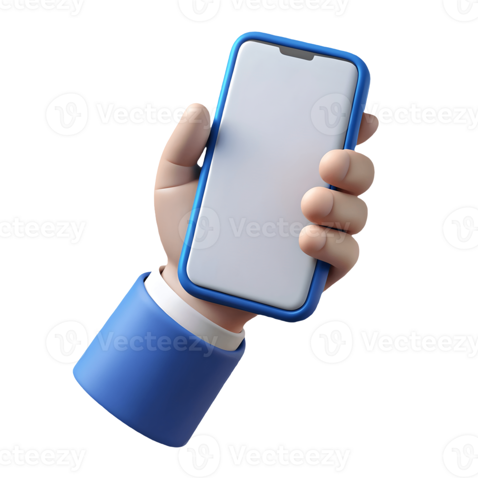 3D Rendered Hand Holding Smartphone with Blue Case, Mobile Technology, Business Communication Transparent Background png