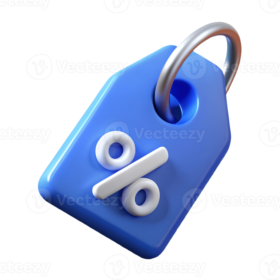 Blue Discount Tag 3D Render with Percentage Symbol, Sale Offer Illustration, Promotional Marketing Icon, Shopping and Retail Transparent Background png