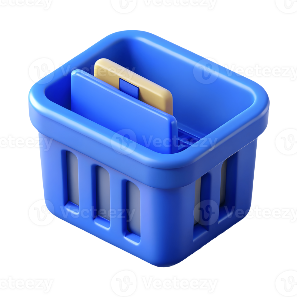 Blue Shopping Basket 3D Render Minimalist E-commerce Icon for Online Retail, Digital Commerce and Shopping Concepts Transparent Background png