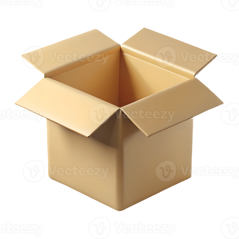 Open Empty Cardboard Box Brown Package, Unpacking, Shipping Container, Delivery Concept, Isolated on, 3D Rendering Transparent Background png