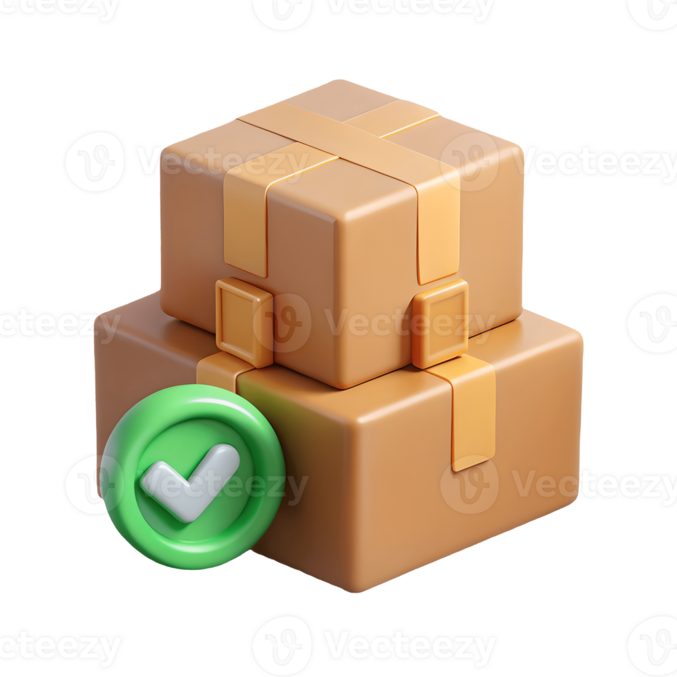 Stacked Parcel Delivery Boxes with Green Tick, 3D Rendering of Completed Shipping and Logistics Success Transparent Background png