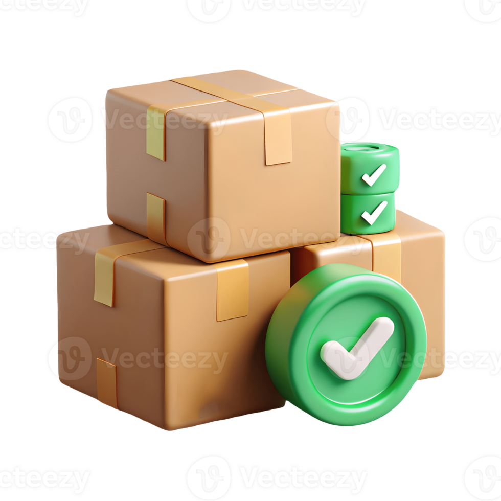 Complete Shipping 3D Render Stacked Cardboard Boxes with Green Checkmarks, Successful Delivery Illustration Transparent Background png
