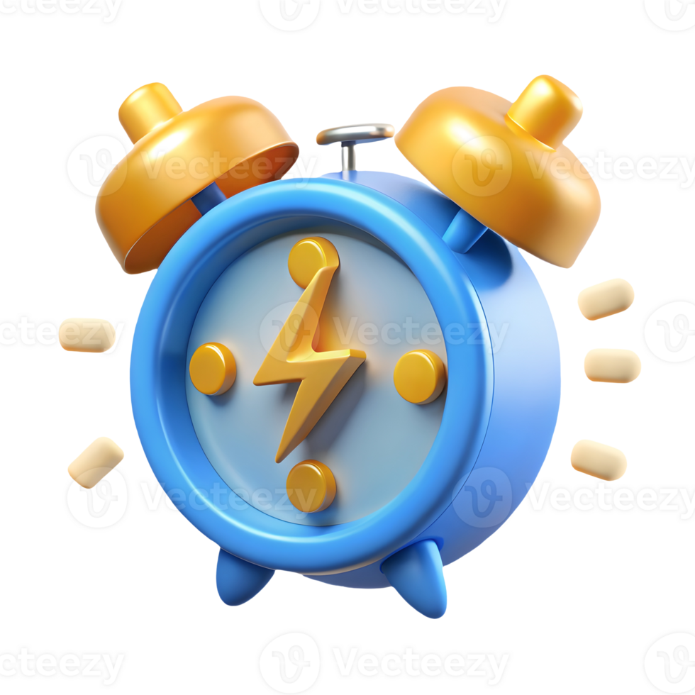 Energetic Cartoon Alarm Clock with Lightning Bolt Symbol, Ringing Vigorously on a, Modern Design Transparent Background png