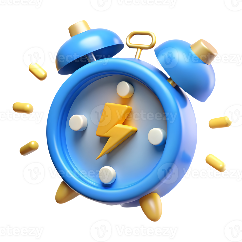 3D Cartoon Alarm Clock with Lightning Bolt Design, Energy and Wake-Up Time, Bright Colors, Playful Aesthetic Transparent Background png