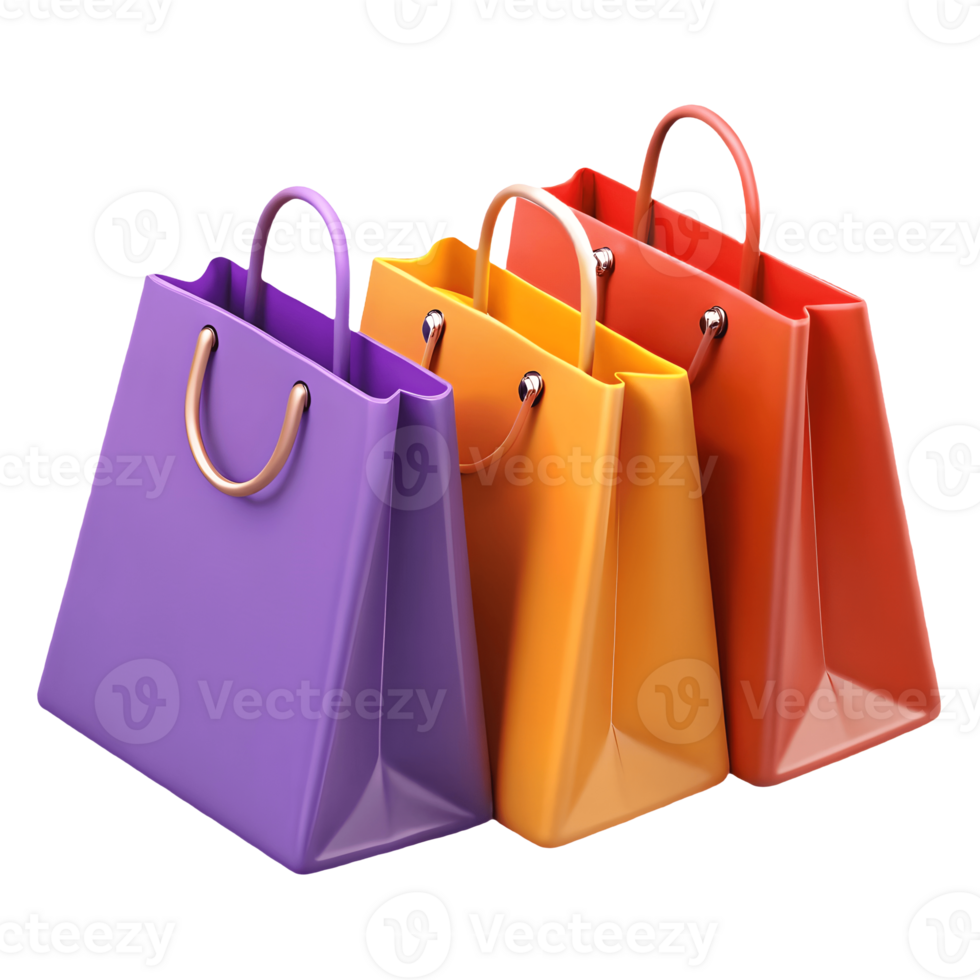 Vibrant Shopping Spree Four Colorful Shopping Bags, Purple, Yellow, Orange, and Red, Glossy Finish, Retail Therapy, Consumerism, Modern Design, Isolated on White. Transparent Background png