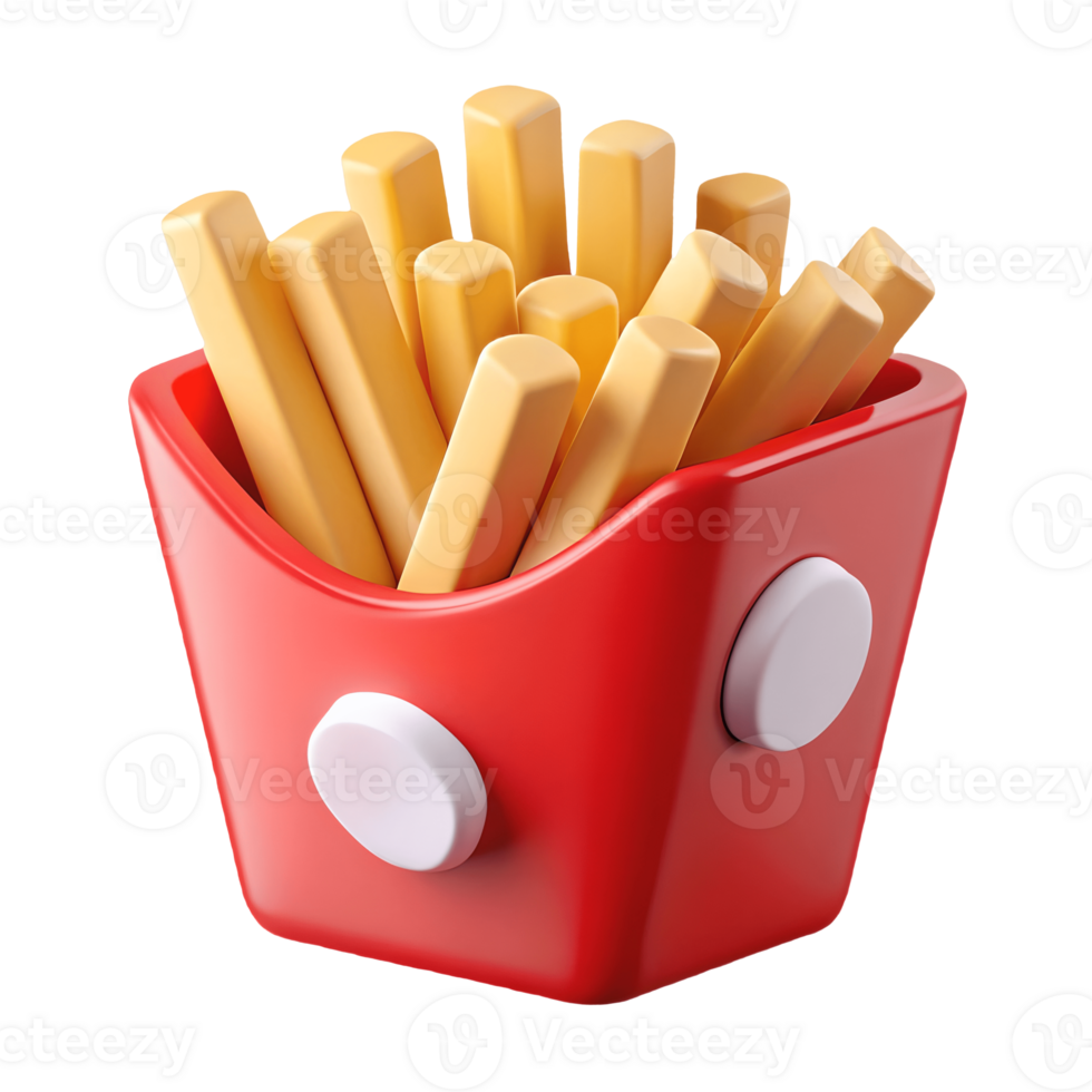 Cartoon French Fries Delight 3D Rendered Fast Food Icon with Red Container and Cheerful Mood for Restaurant Menus Transparent Background png