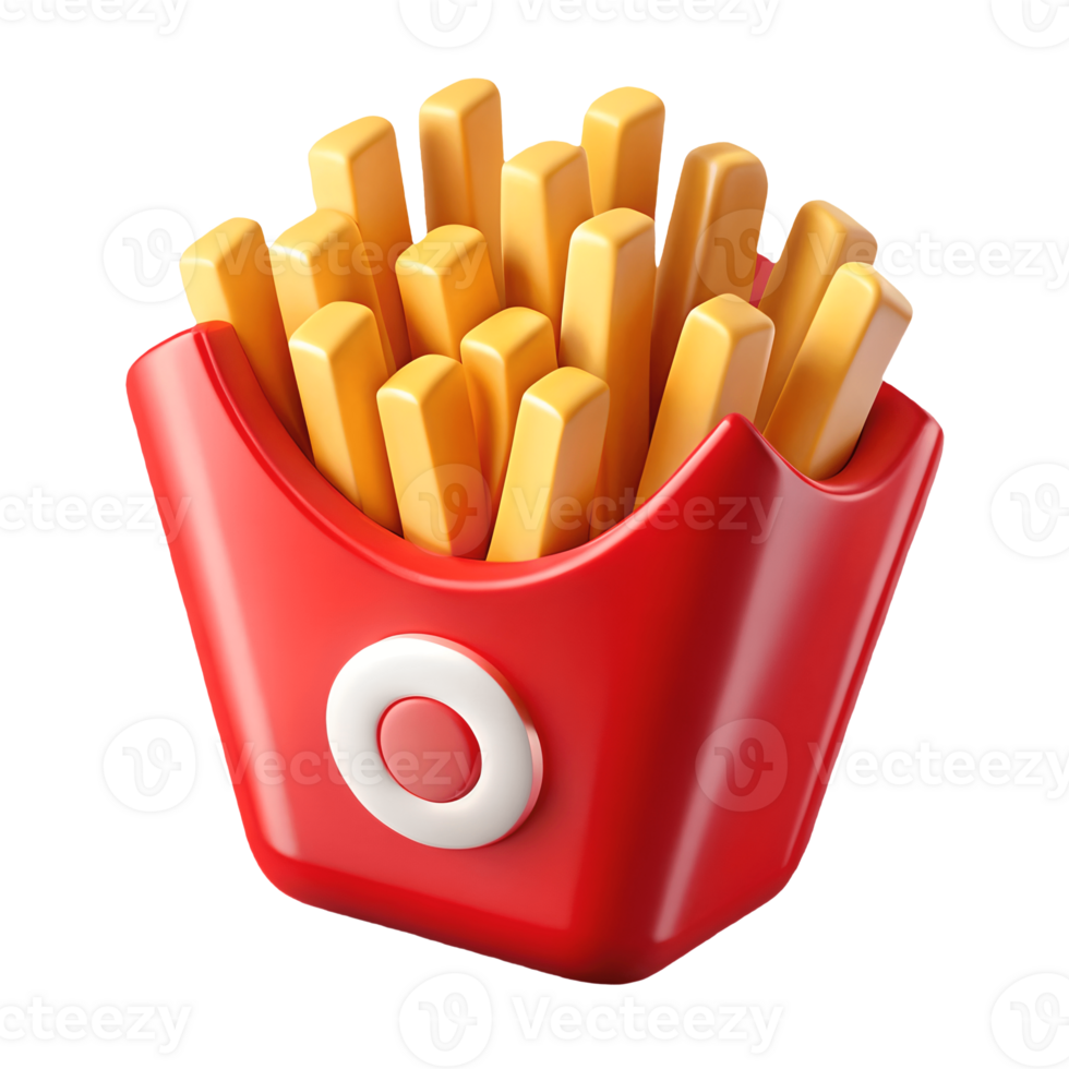 3D Render of Fries in Red Container, Cartoon Style Fast Food Icon, Restaurant Menu Item Transparent Background png