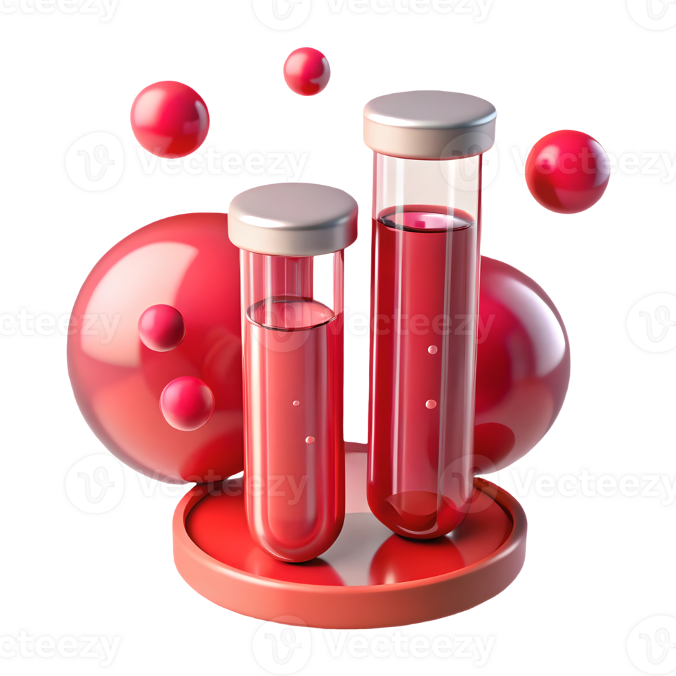 Blood Test Tubes with Red Spheres Medical Research, Laboratory Setting, Healthcare Concept, Scientific Visualization, Clinical Analysis, Modern Presentation. Transparent Background png