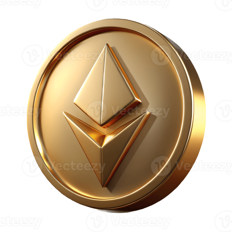 Golden Ethereum Coin Cryptocurrency Wealth, Blockchain Investment, Digital Finance Asset, Shiny Gold Currency, Decentralized Economy, Modern Investment Transparent Background png