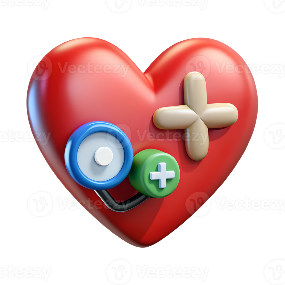 3D Render of Red Heart with Medical Symbols for Healthcare, Wellness, and Digital Health Promotion Transparent Background png