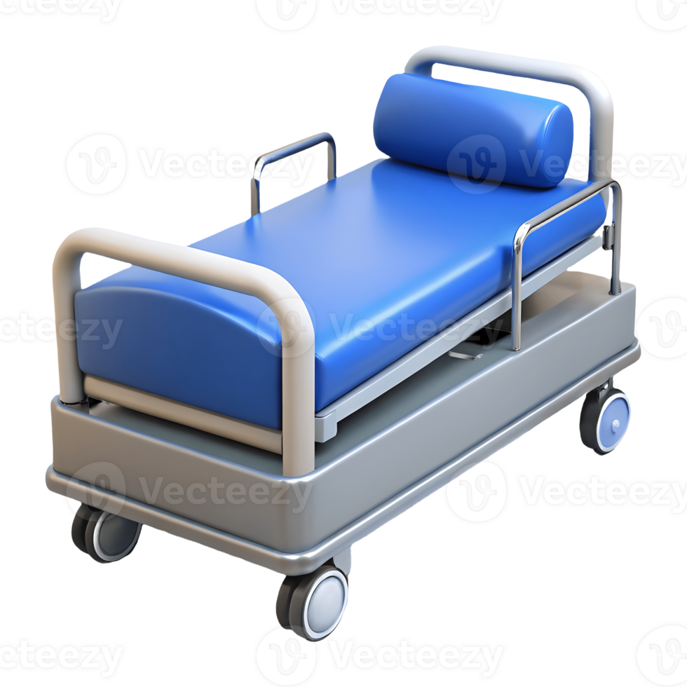 Blue Hospital Bed on Wheels Isolated, Medical Equipment for Patient Care, Healthcare Facility, Clean Environment Transparent Background png