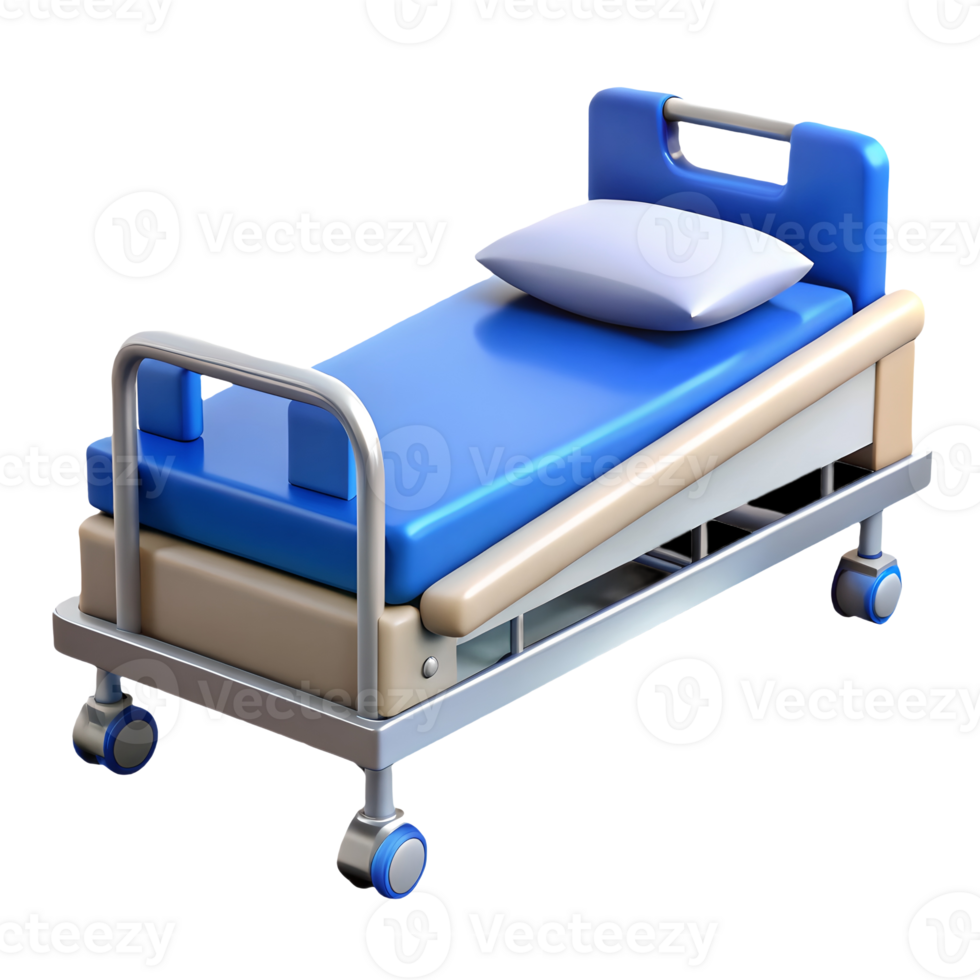 3D Rendered Hospital Bed with Blue Mattress and White Pillow, Cartoon Style Medical Equipment Transparent Background png