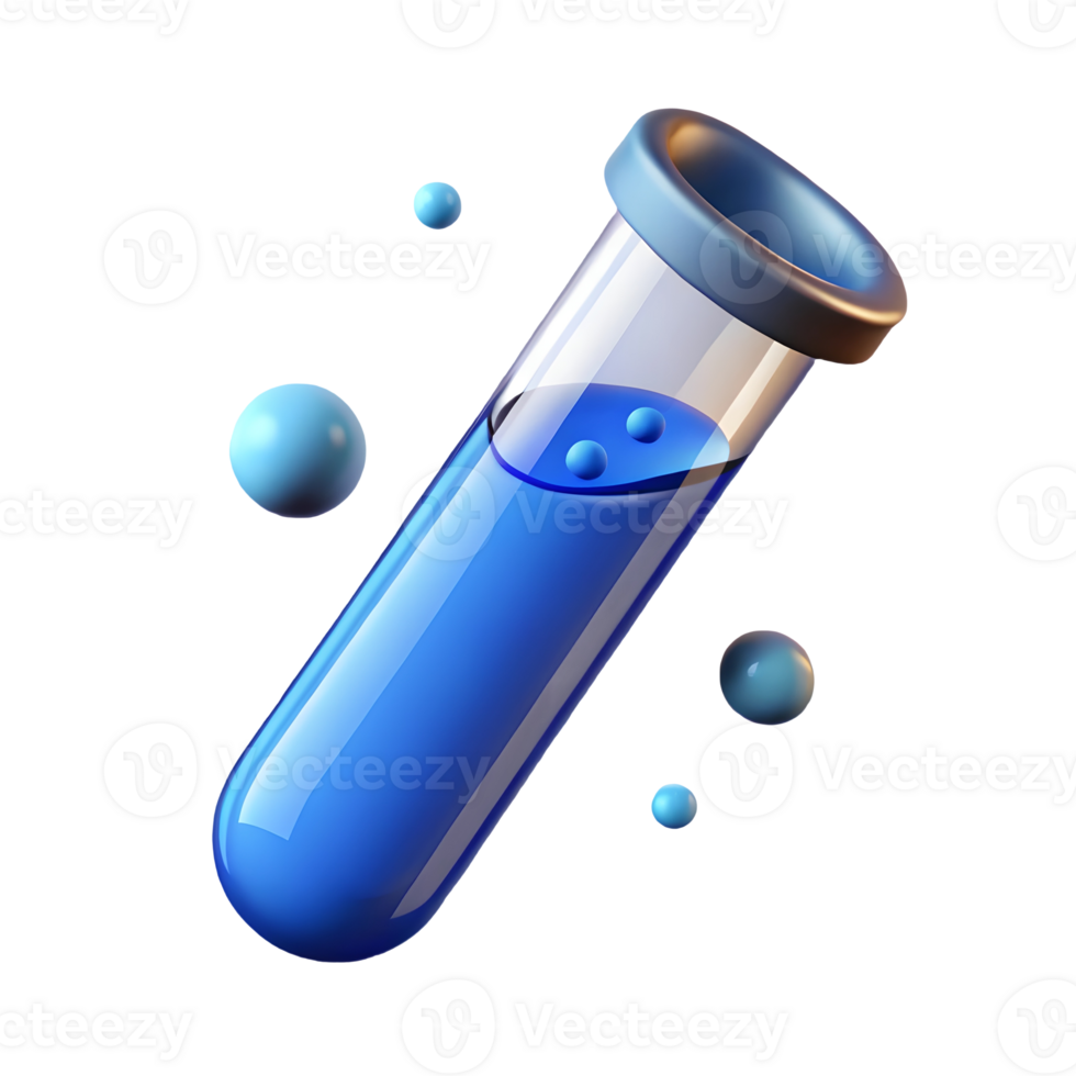 3D Science Test Tube with Blue Liquid and Floating Spheres, Laboratory Experiment, Chemical Research, Scientific Visualization. Transparent Background png