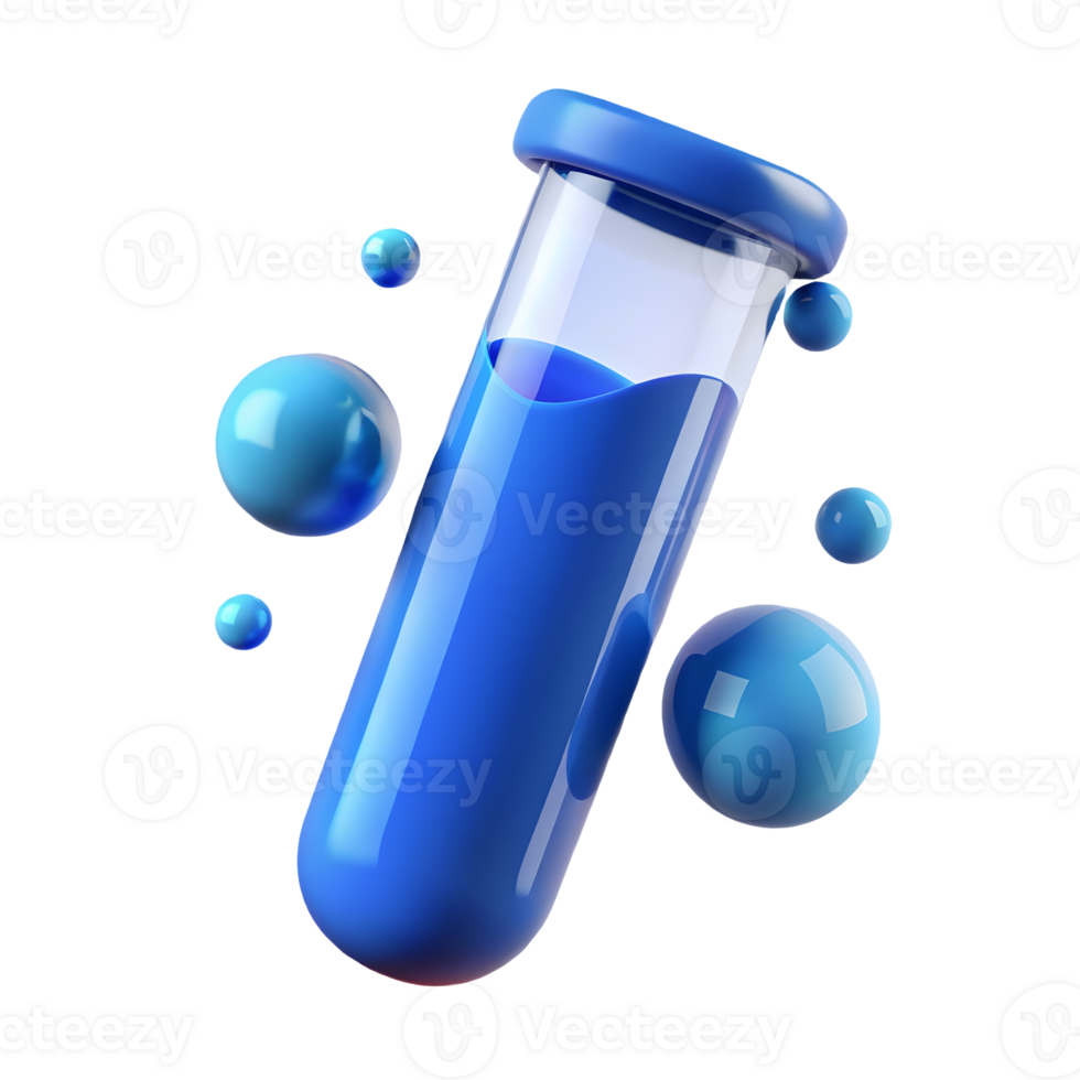 3D Rendering of a Blue Liquid Test Tube with Floating Spheres on a, Science Illustration Transparent Background png