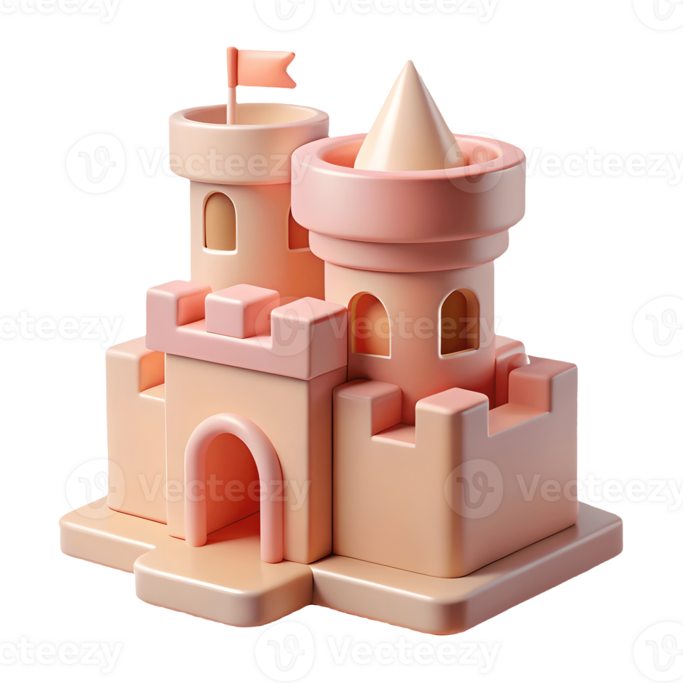Charming 3D Render of a Pink Sandcastle with Tower and Flag, Isolated on, Evoking Childhood Fun Transparent Background png