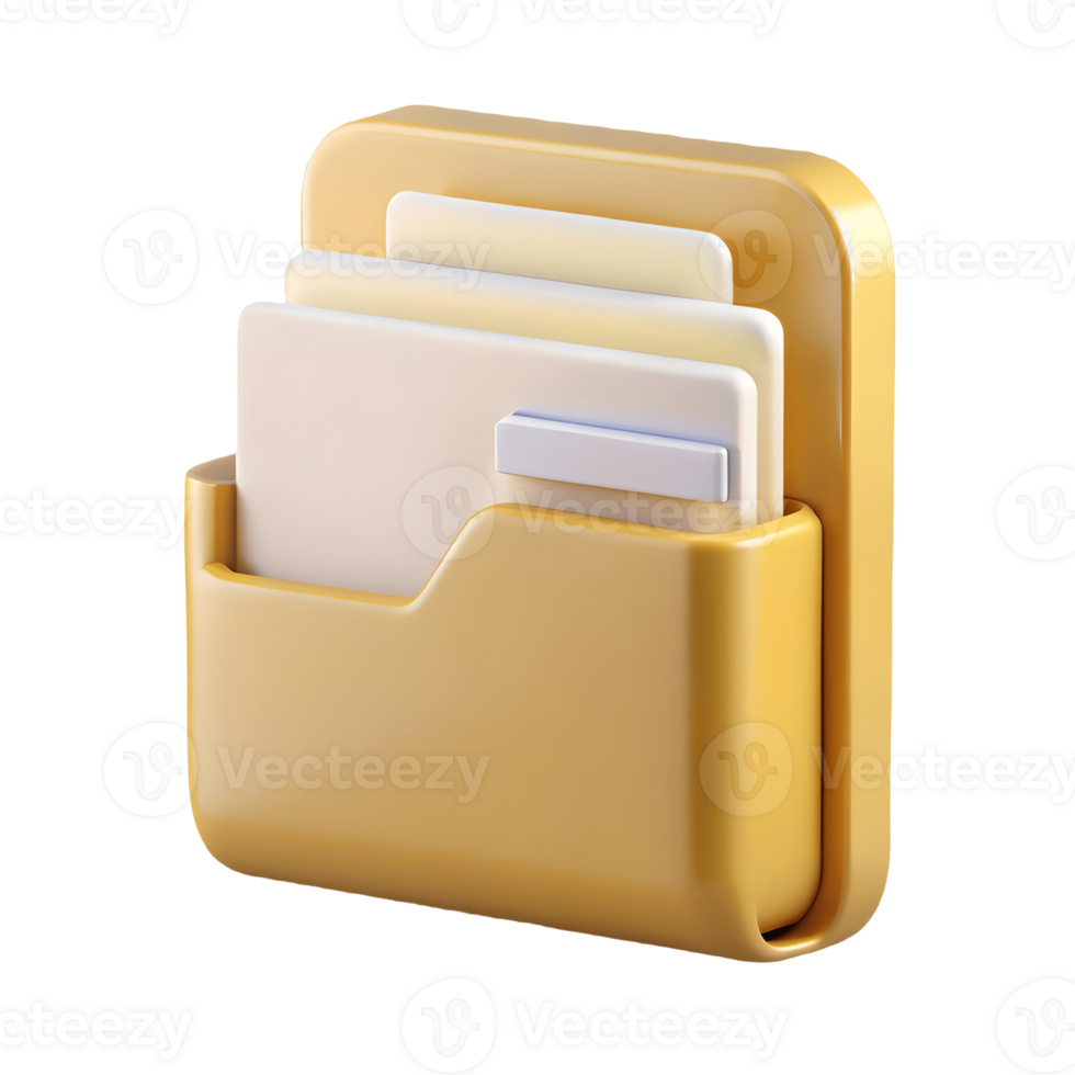 Yellow Office Folder Organizer with Documents, Modern File Management Solution, 3D Rendered Illustration, Organized Workspace Transparent Background png
