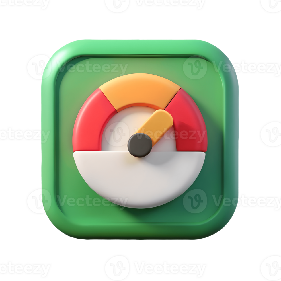 3D Performance Gauge Icon on Green Square, Indicator Needle, Speedometer Graphic, Achievement Tracking, App Design Element Transparent Background png