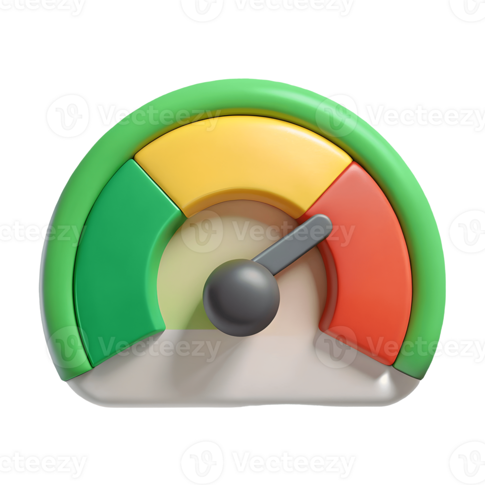 3D Rendering of Performance Meter with Green, Yellow, Red Zones and Needle Pointing to Red, Gauge Icon, Measurement Tool Transparent Background png