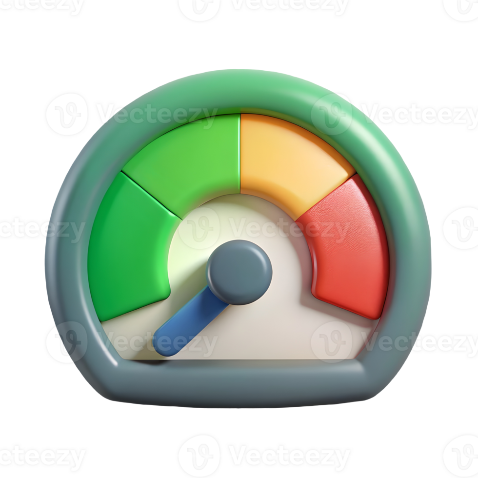3D Speedometer Gauge Icon Performance Meter with Green, Yellow, Red Zones for App UI and UX Design Transparent Background png