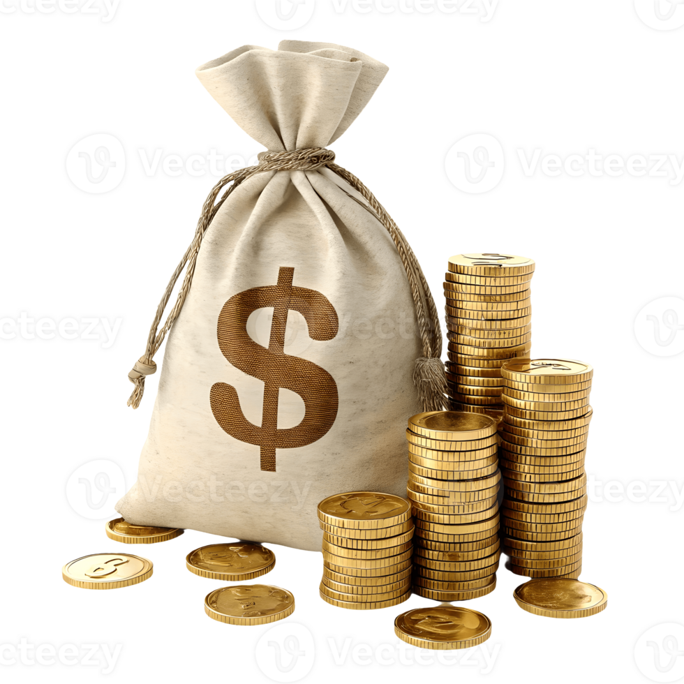 Money Bag with Gold Coins Savings, Investment, Wealth, Prosperity, and Financial Success Concept on Isolated Transparent Background png
