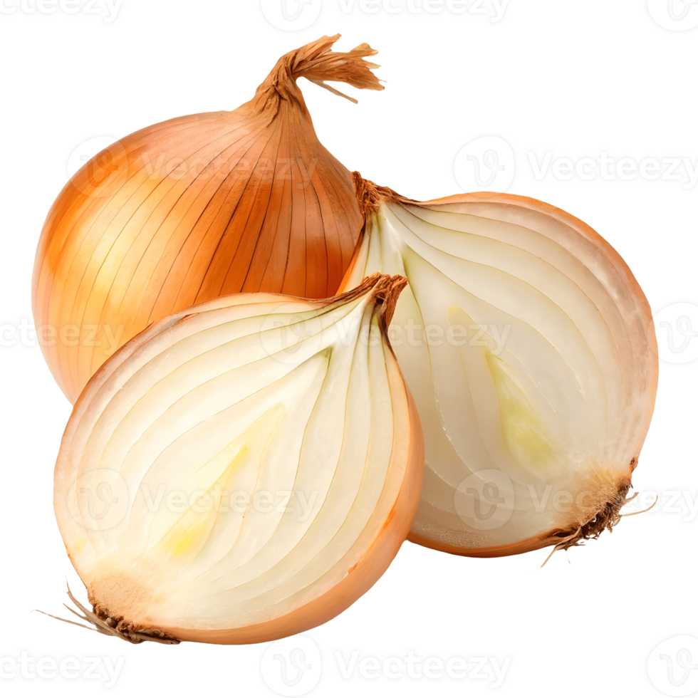 Fresh Brown Onions Still Life Whole and Halved Close-up, Raw Vegetable Ingredients for Cooking, Isolated on White Transparent Background png