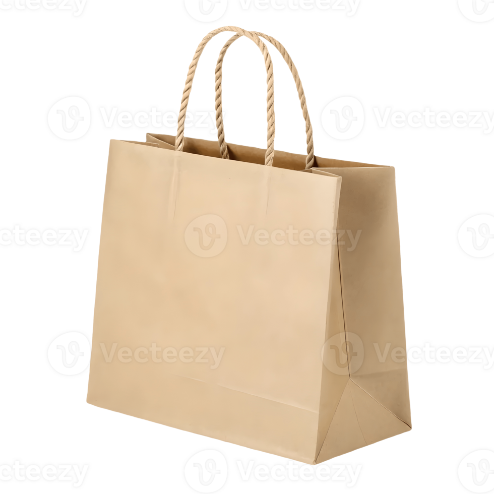 Brown Paper Shopping Bag Isolated on, Sustainable Retail Packaging, Eco Friendly Merchandise Carrier, Blank for Customization, Studio Shot Transparent Background png