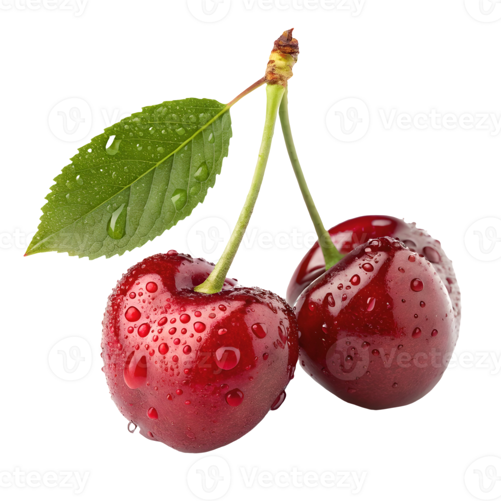 Fresh Ripe Cherries with Water Droplets and Green Leaf, Sweet, Juicy, Isolated on, Healthy Eating Transparent Background png