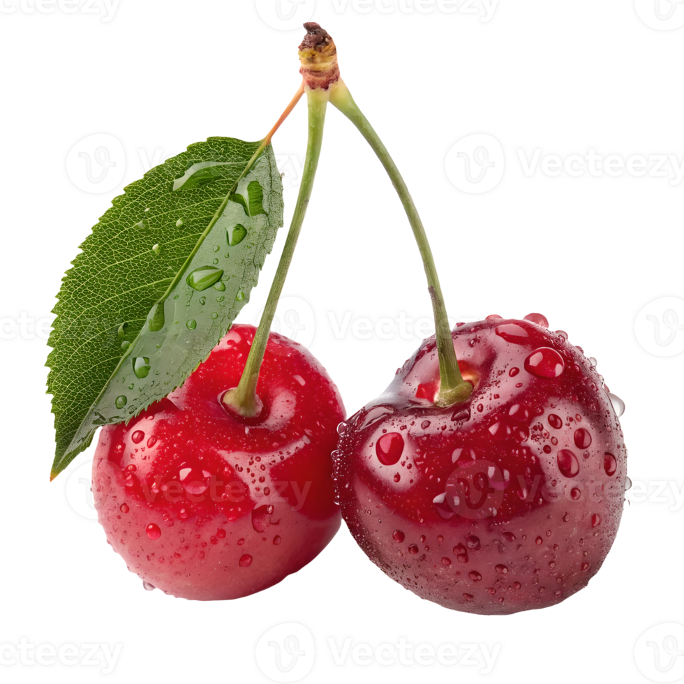 Fresh Red Cherries with Dewy Leaf Juicy, Ripe Fruit on, Close-up Food Photography Transparent Background png