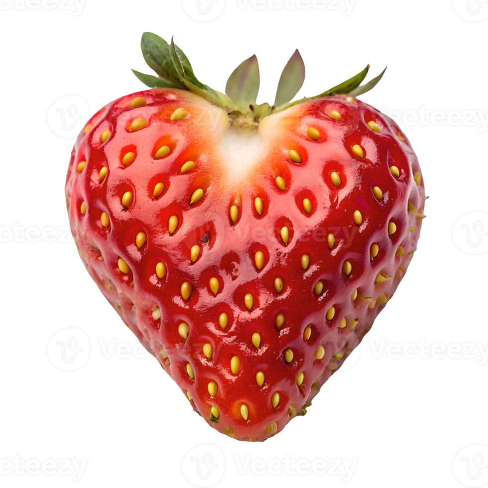 Heart Shaped Strawberry Close-Up, Fresh Red Fruit, Detailed Seeds, Green Leaves, Isolated on White, Healthy Eating, Studio Shot, Sweet Berry Transparent Background png