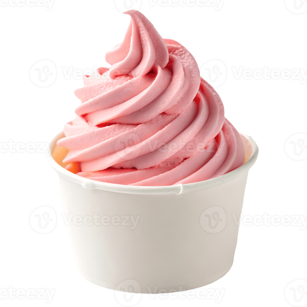 Delicious Pink Frozen Yogurt Swirl in White Cup, Creamy Dessert Treat, Summertime Indulgence, Isolated Sweet Delight Transparent Background png