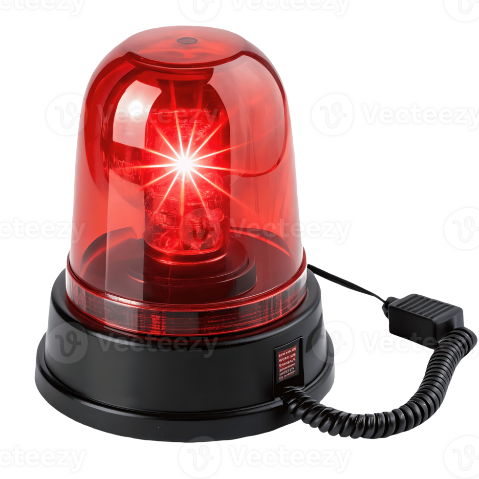 Red Emergency Siren Light with Flashing LED, Alarm System, Warning Beacon, Black Base, Coiled Cord, Isolated on White, Safety Alert Transparent Background png
