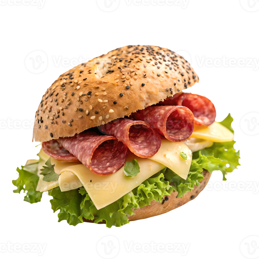Delicious Sesame Bagel Sandwich with Salami, Cheese, and Lettuce on, Fresh Food, Culinary Delight, Close up, appetizing Transparent Background png