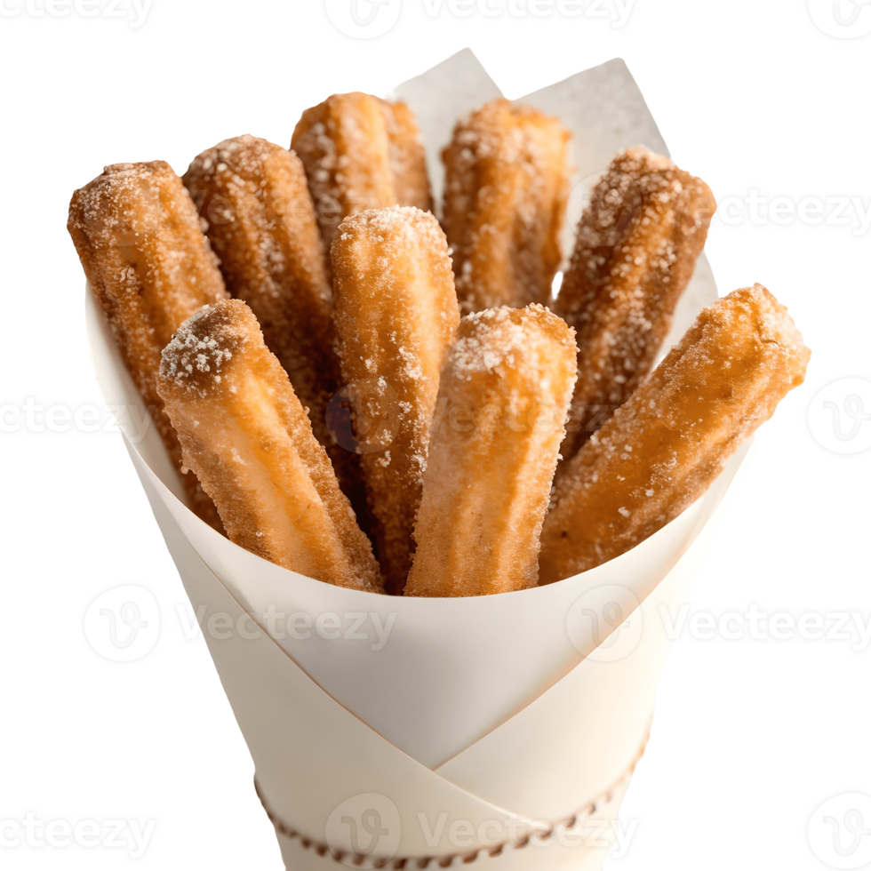 Crispy Churros Delight Freshly Fried Pastries Sprinkled with Sugar, Served in Paper Cone, Sweet Treat Transparent Background png