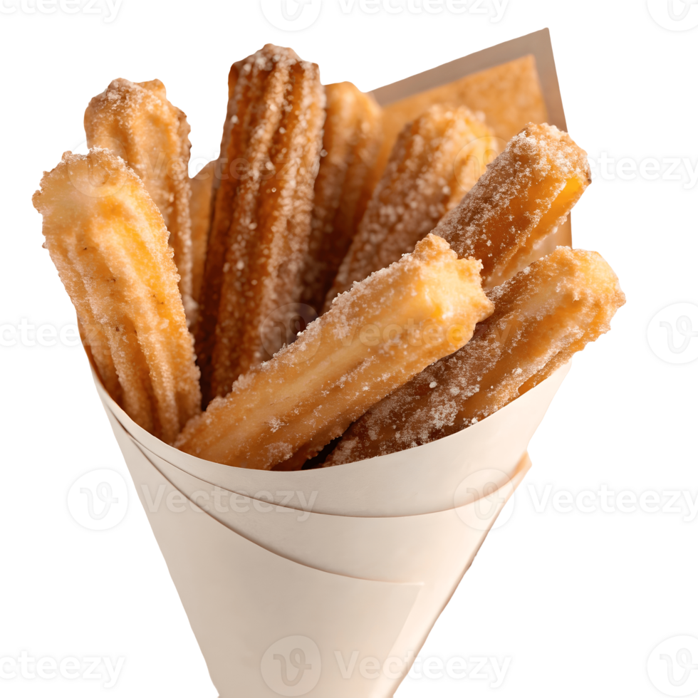 Golden Churros Delight Freshly Fried Pastries in a Paper Cone, Sugared, Sweet Treat, Snack Food, Dessert, Street Food, Delicious, Gourmet, Culinary Transparent Background png