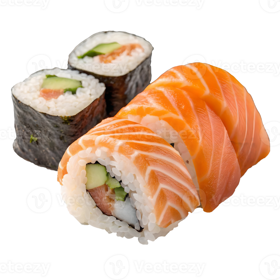 Delicious Salmon Sushi Rolls and Maki Set on, Fresh Japanese Cuisine Transparent Background png