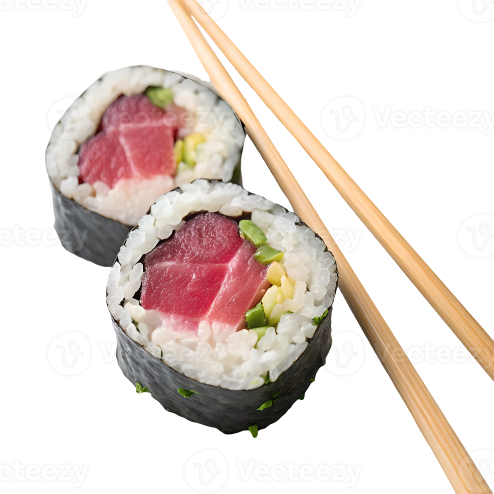 Fresh Tuna Sushi Rolls with Chopsticks, Japanese Cuisine Delight, Isolated on, Authentic Asian Food, Restaurant Menu Item, Gourmet Experience Transparent Background png