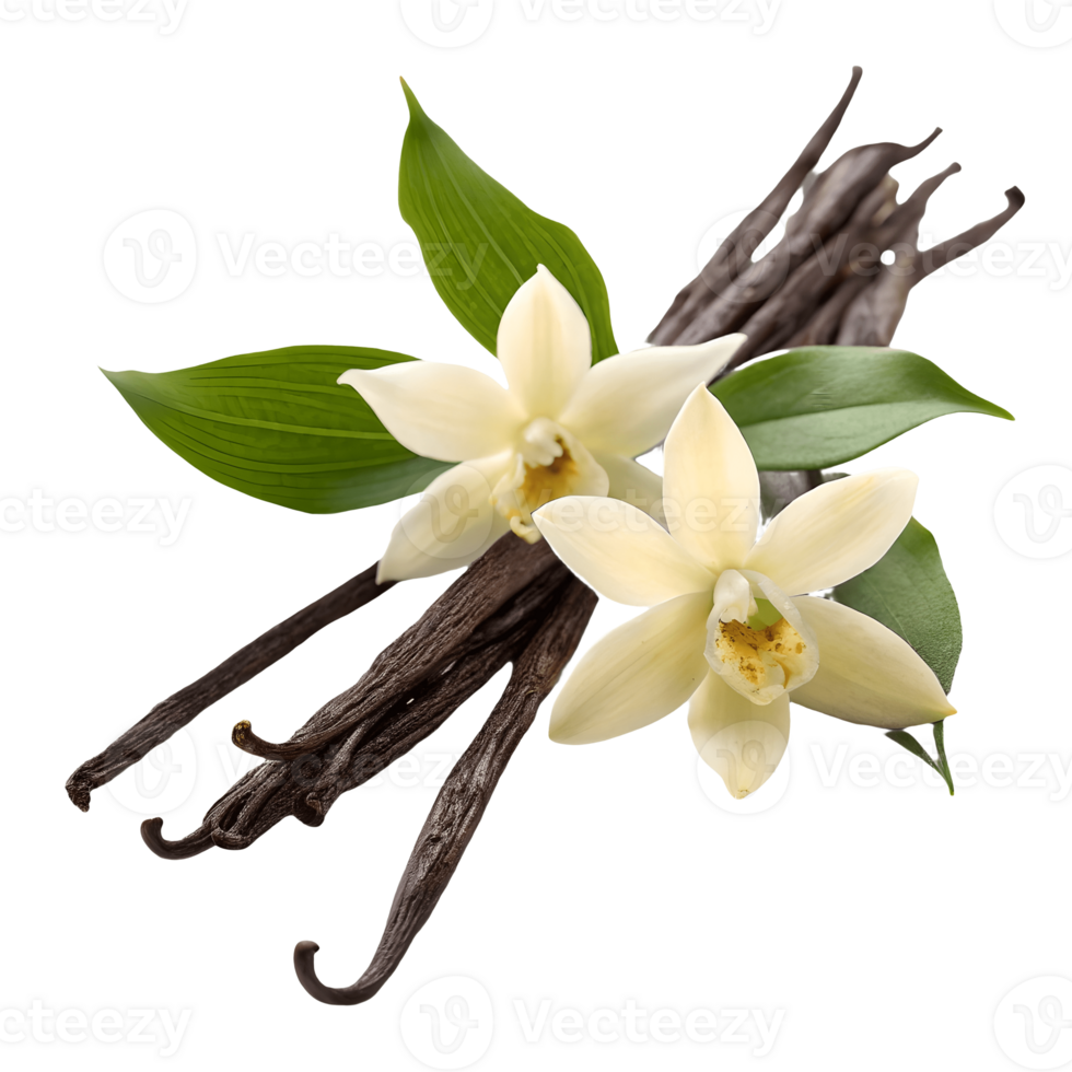 Vanilla Bean Blossom Aromatic Spice Pods with Delicate White Flowers and Green Leaves on Transparent Background png