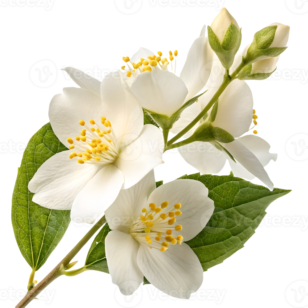 Elegant Jasmine Blossoms Fresh White Flowers, Delicate Petals, and Green Leaves on, Fragrant Spring Bloom, Close Up Transparent Background png