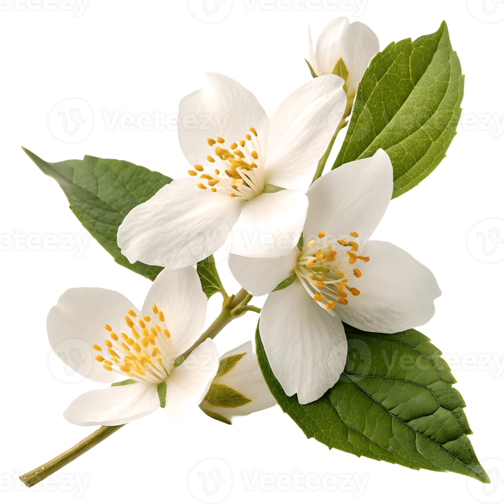 Elegant Jasmine Flowers Blossom White Petals, Green Leaves, Floral Beauty, Fresh Bloom, Springtime, Isolated on White Transparent Background png