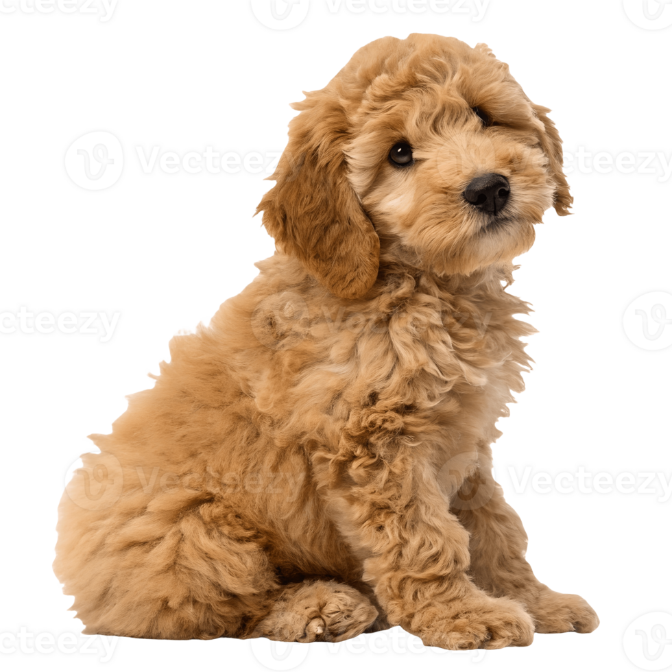 Adorable Goldendoodle Puppy Sitting and Looking Up, Cute Dog Portrait, Light Background, Pet Photography, Canine Friend, Golden Fur, Fluffy Puppy Transparent Background png
