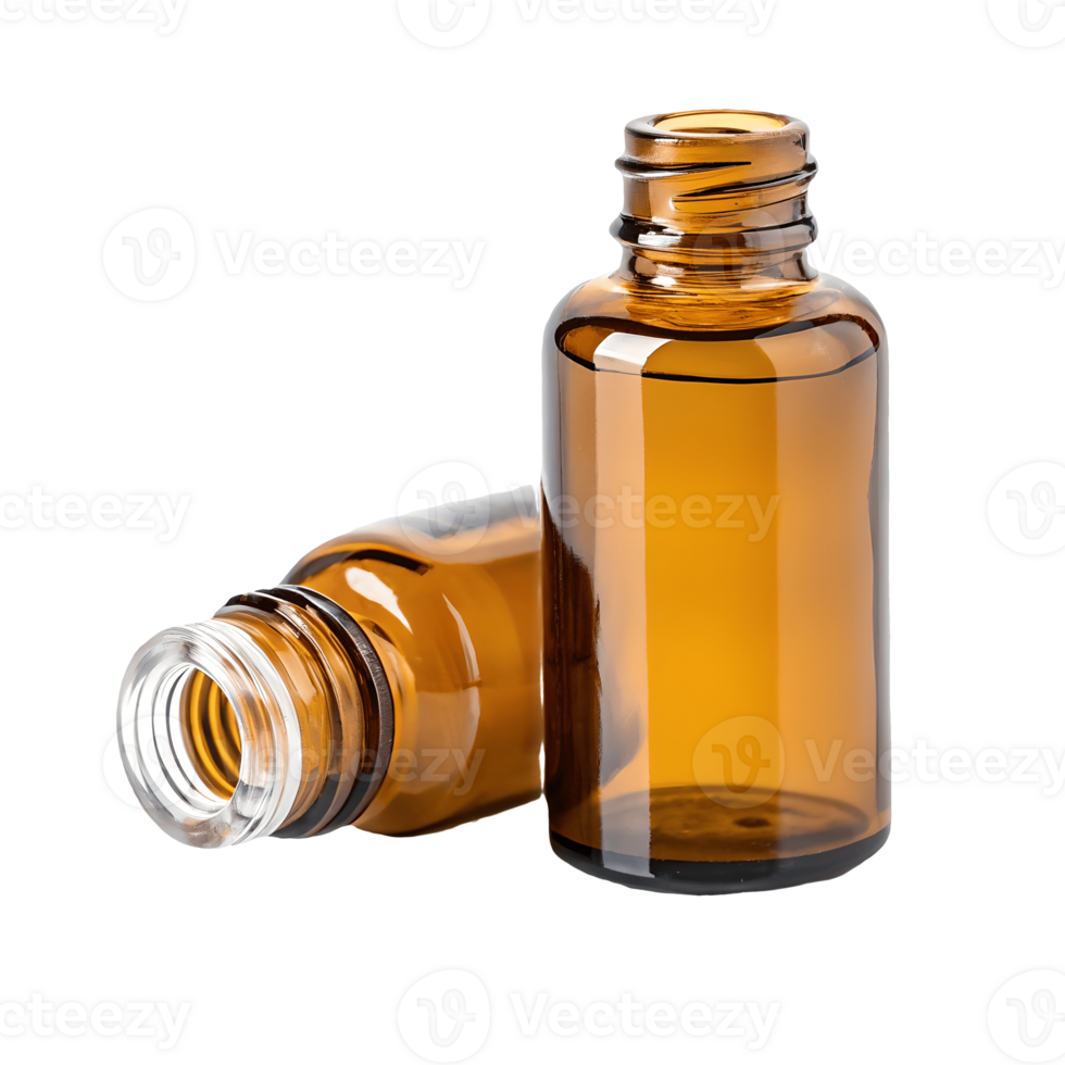 Amber Glass Bottles Still Life Empty Essential Oil Containers, Pharmaceutical Packaging, Isolated on Transparent Background png
