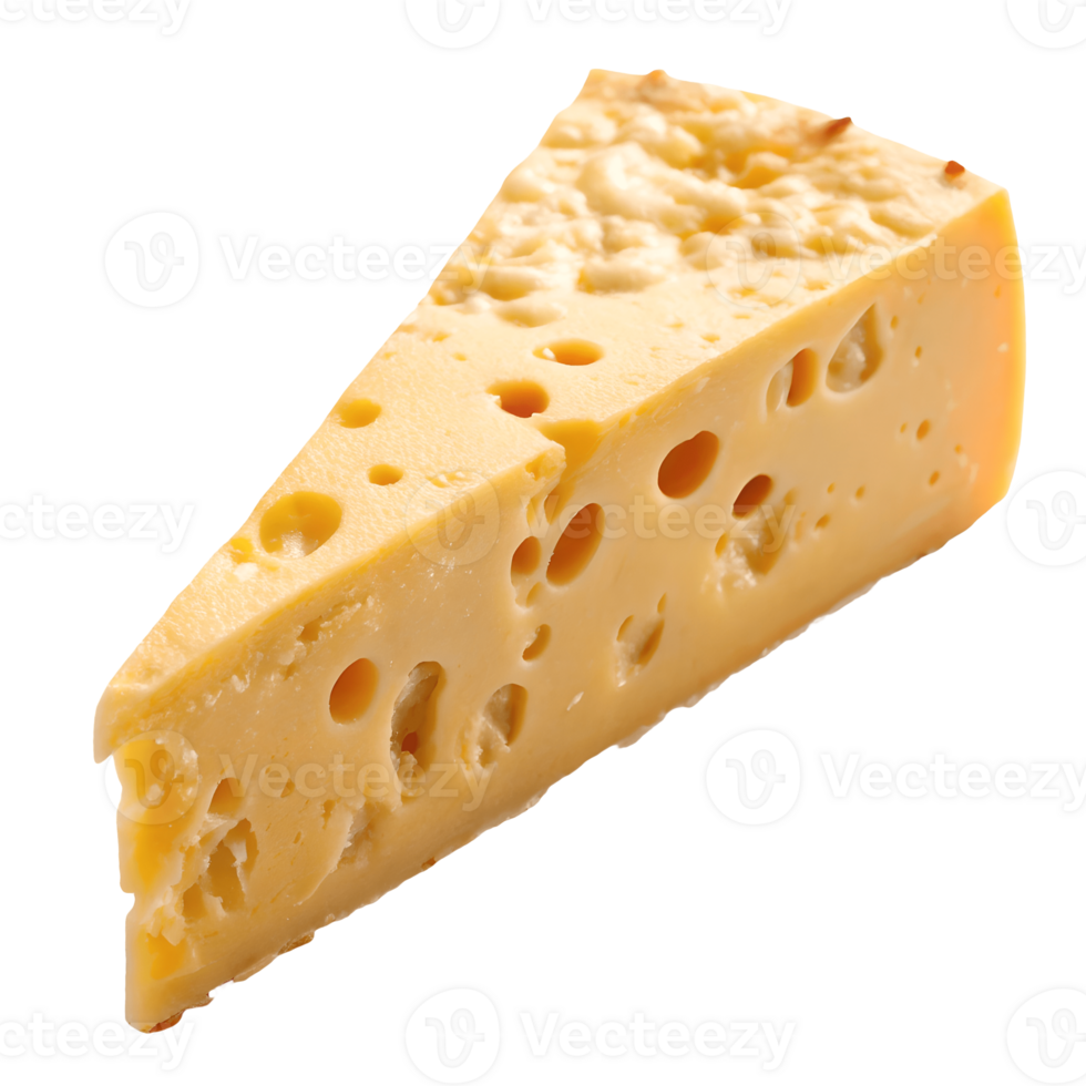 Close-up Triangle Wedge of Swiss Cheese with Holes, Isolated on White, Food Photography, Culinary Delight, Cheese Lovers Dream, Delicious Dairy Transparent Background png