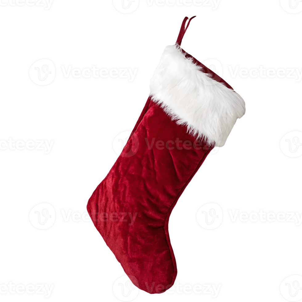 Festive Red Velvet Christmas Stocking with Plush White Fur Cuff Hanging in Home Decor, Holiday Season Celebration Transparent Background png